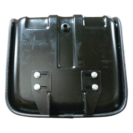 The Sparex Seat Assembly - S.61419 by Sparex, features a black vinyl seat pan with pre-drilled holes and attached adjustable brackets, viewed from above.