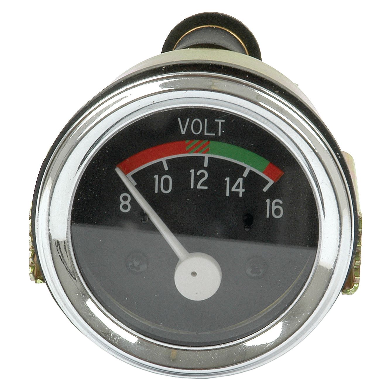 A circular Sparex voltmeter gauge, Sparex Part No.S.61428, displaying voltage with a needle pointing at 11 volts, within a measurement range from 8 to 16 volts, featuring zones marked in red, green, and gray.