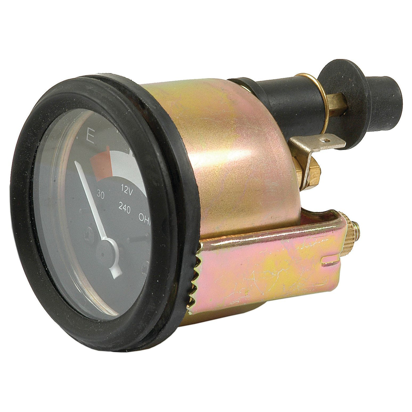 Close-up of a Sparex Fuel Gauge - 12V (Sparex Part No. S.61429) featuring a brass body, black cylindrical handle, and clear glass face displaying measurements in ohms and voltage. Labeled for use with 12V systems and compatible with Landini and Massey Ferguson equipment, the gauge is slightly tilted to the left.