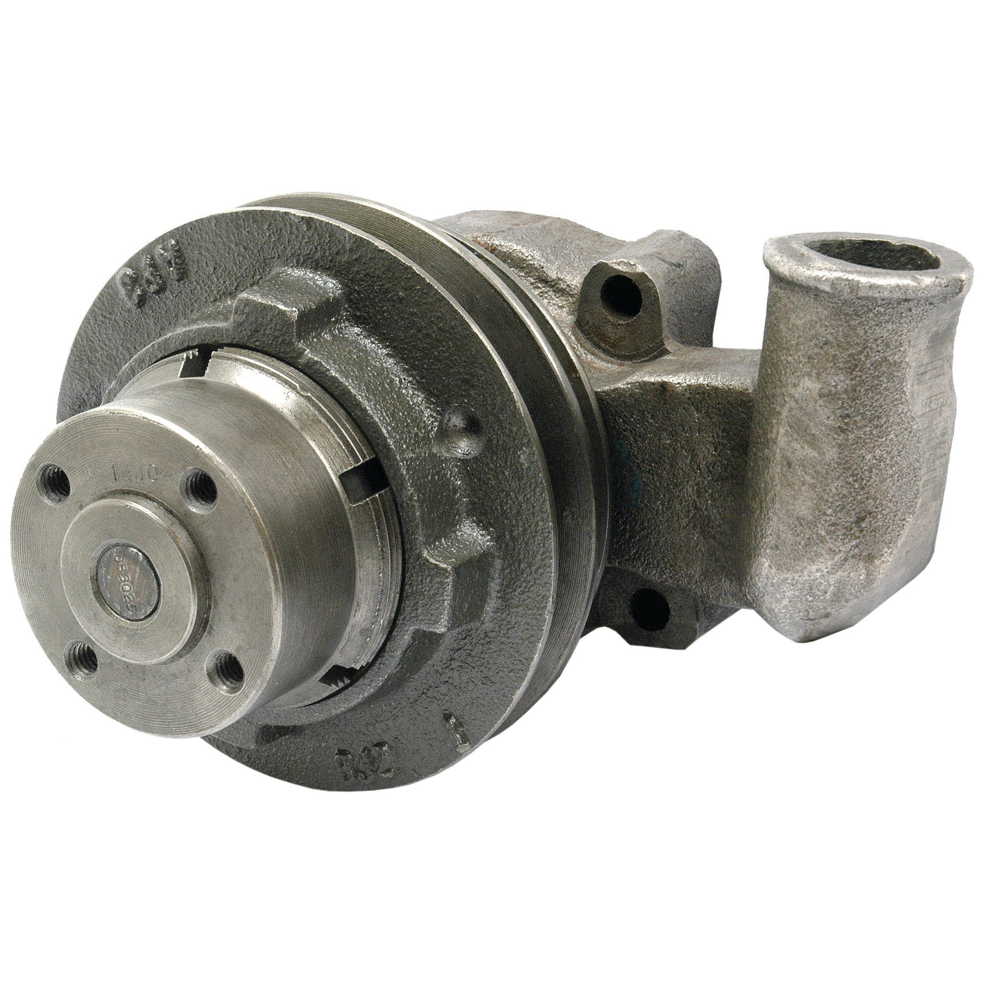 The Sparex Water Pump Assembly (Supplied with Pulley) - S.61469 features a metallic construction, a cylindrical neck, multiple bolt holes, and a Poly-Vee Pulley, designed for circulating coolant in engines.