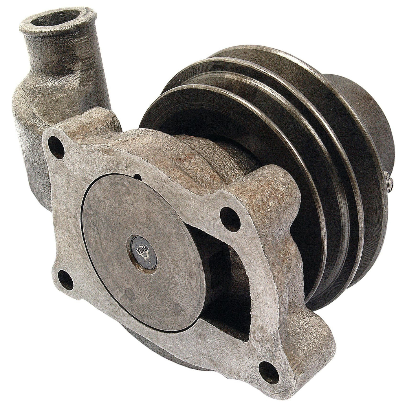 The Sparex Water Pump Assembly (Supplied with Pulley) - S.61469 is a metal automotive water pump with a housing, 10mm pulley, and connected inlet pipe designed for optimal cooling system circulation.