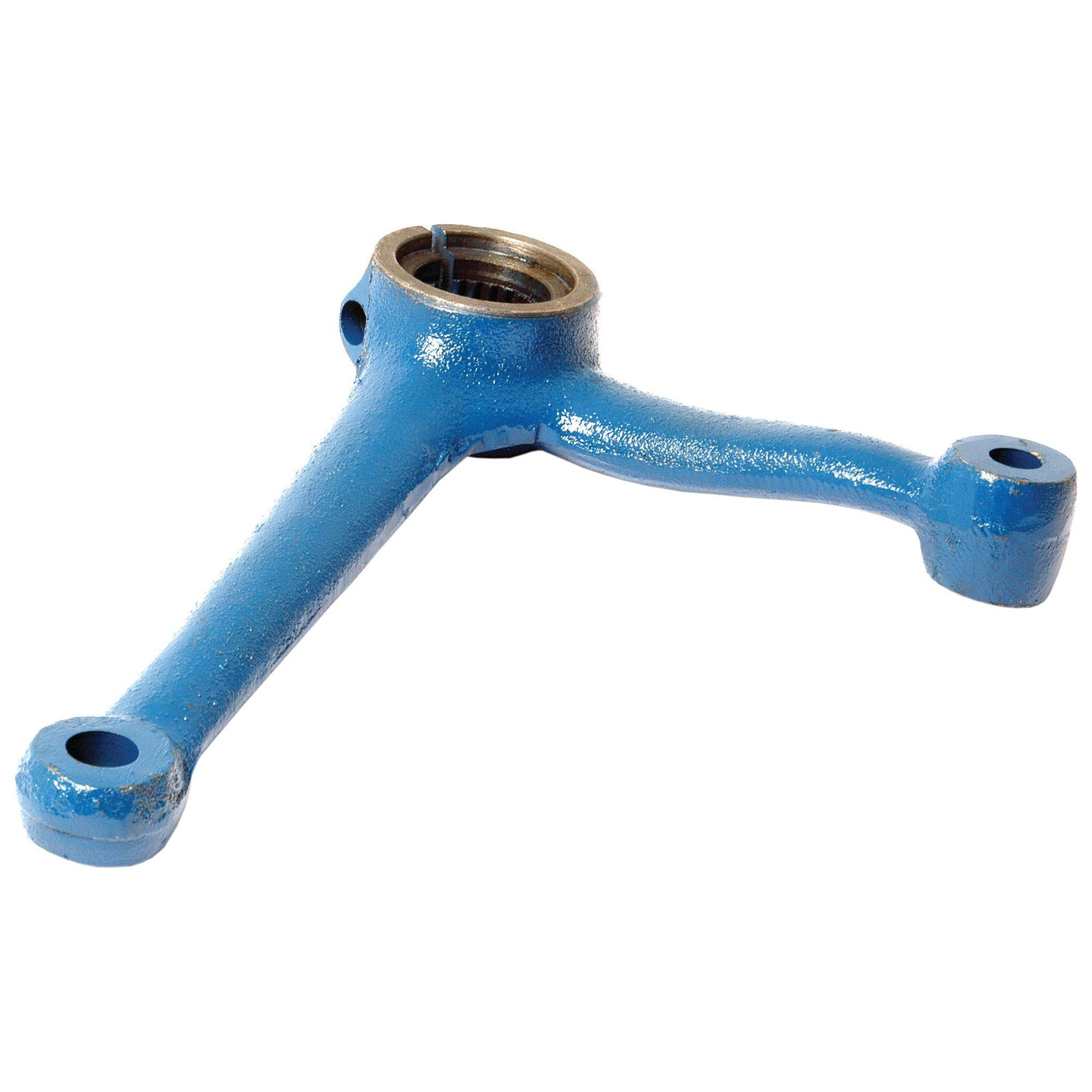 The Sparex Steering Arm (2WD) LH, Part No. S.61473, is a blue metal three-arm component designed for Ford or New Holland machinery, featuring holes at the ends of each arm and a threaded circular section in the middle.