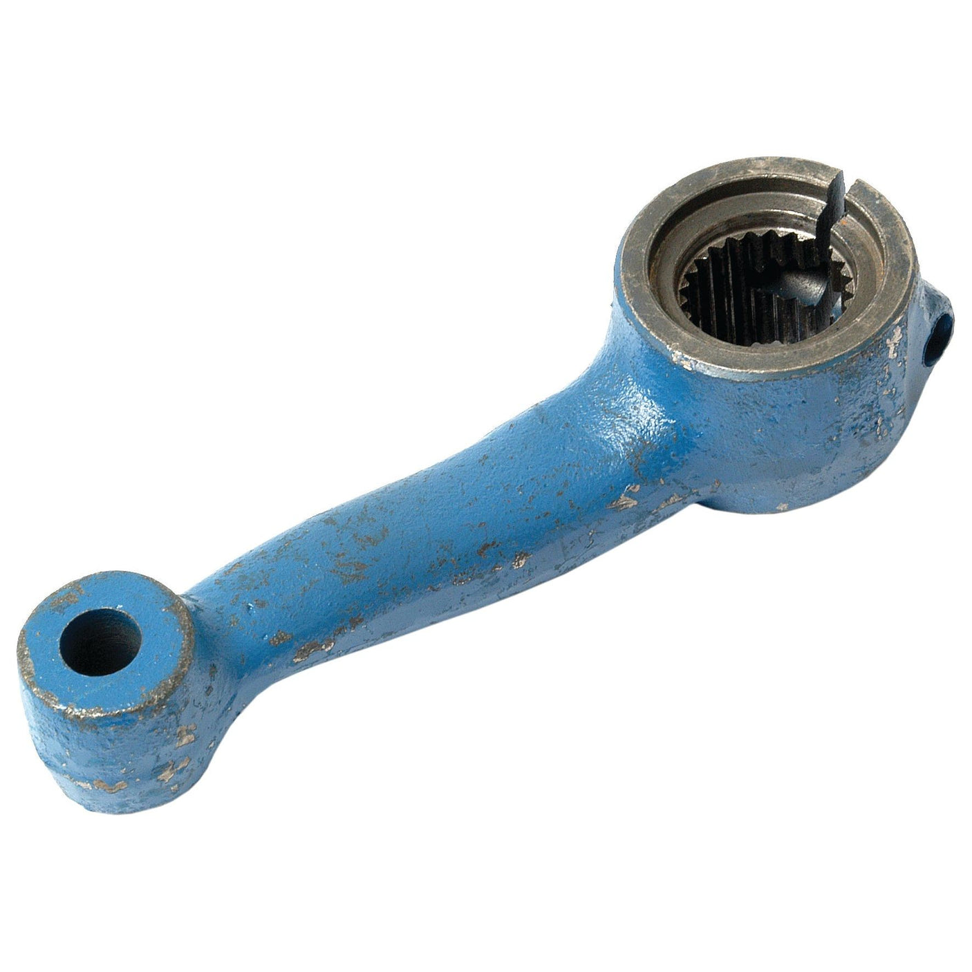 A blue-painted metal right-hand steering arm with a circular gear at one end and a hole at the other, compatible with Ford New Holland, from Sparex (Part No. S.61474).