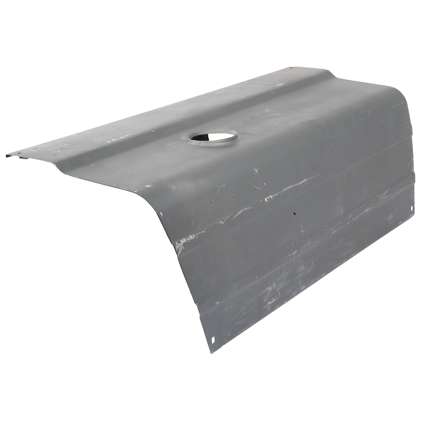 The Sparex Bonnet - LH (Sparex Part No. S.61483) is a gray, rectangular metal panel featuring a central hole and noticeable signs of wear and scratches on its surface, reminiscent of an old Ford / New Holland vehicle component.