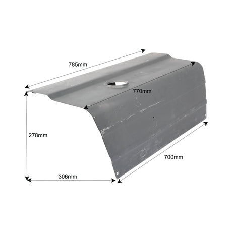 The Sparex Bonnet - LH (Sparex Part No. S.61483) is a metal sheet with dimensions of 785mm width, 278mm height, 306mm depth, 770mm top length, and 700mm bottom length. It features a circular hole in the center and is suitable for use with Ford/New Holland machinery. This component can be found in the Sparex catalog under the brand name Sparex.