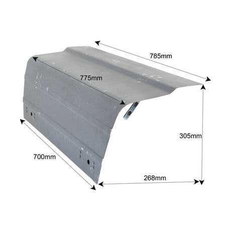 A rectangular grey metal sheet, branded Sparex and identified by Part No. S.61484, with measurements of 785mm in length, 775mm in width, 305mm in height, 700mm in depth, and a bottom width of 268mm, suitable for Ford New Holland Bonnet RH applications.