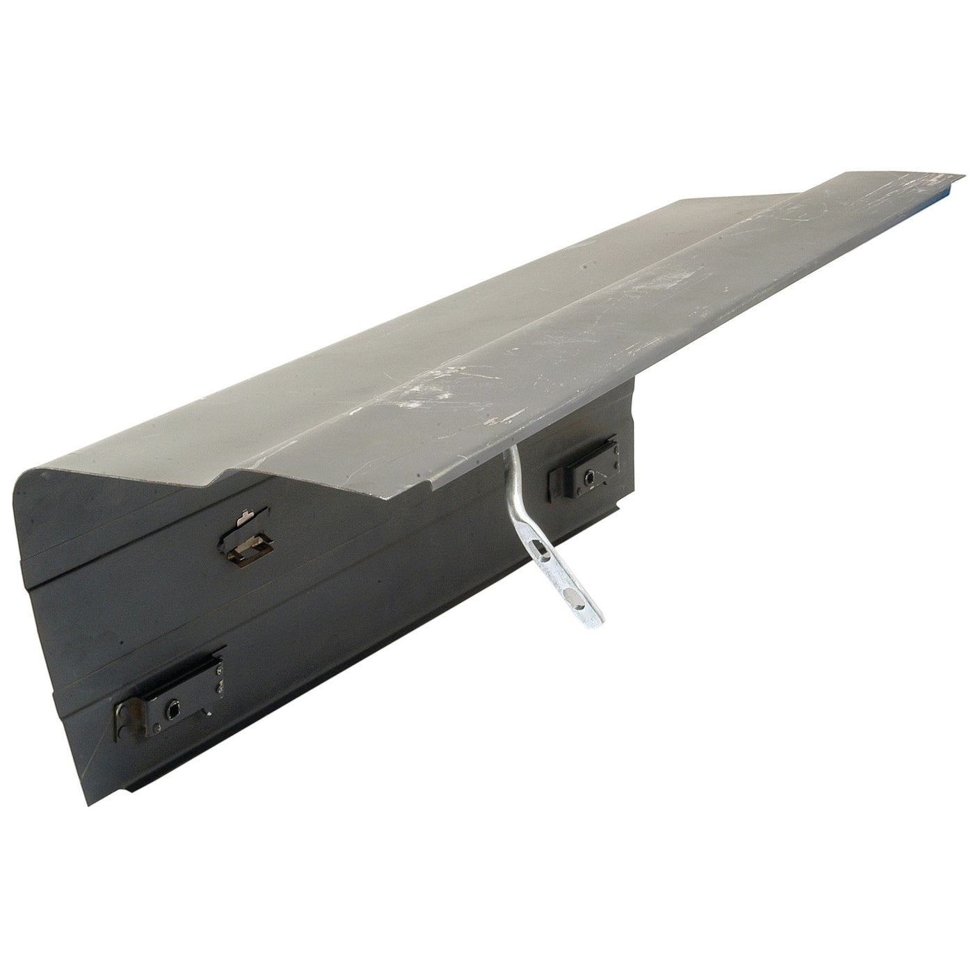 The Sparex Bonnet - RH (Sparex Part No. S.61484) is a rectangular metal component with a flat slanted top and mounting brackets on the sides, featuring a metal hinge in the center, designed specifically for Ford New Holland models.