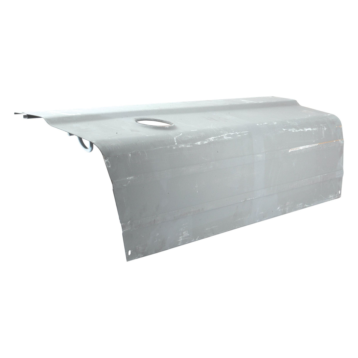 A Bonnet - LH (Sparex Part No. S.61486) by Sparex, featuring a gray sheet metal panel with a hole near the edge, slightly bent and showing some wear and scratches.