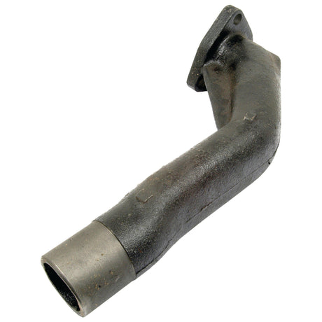 A rusted, slightly curved pipe with a flange on one end and an open cylinder on the other, likely an automotive exhaust manifold component, resembles the Exhaust Elbow (Sparex Part No. S.61495) found in vintage Massey Ferguson tractors produced by Sparex.