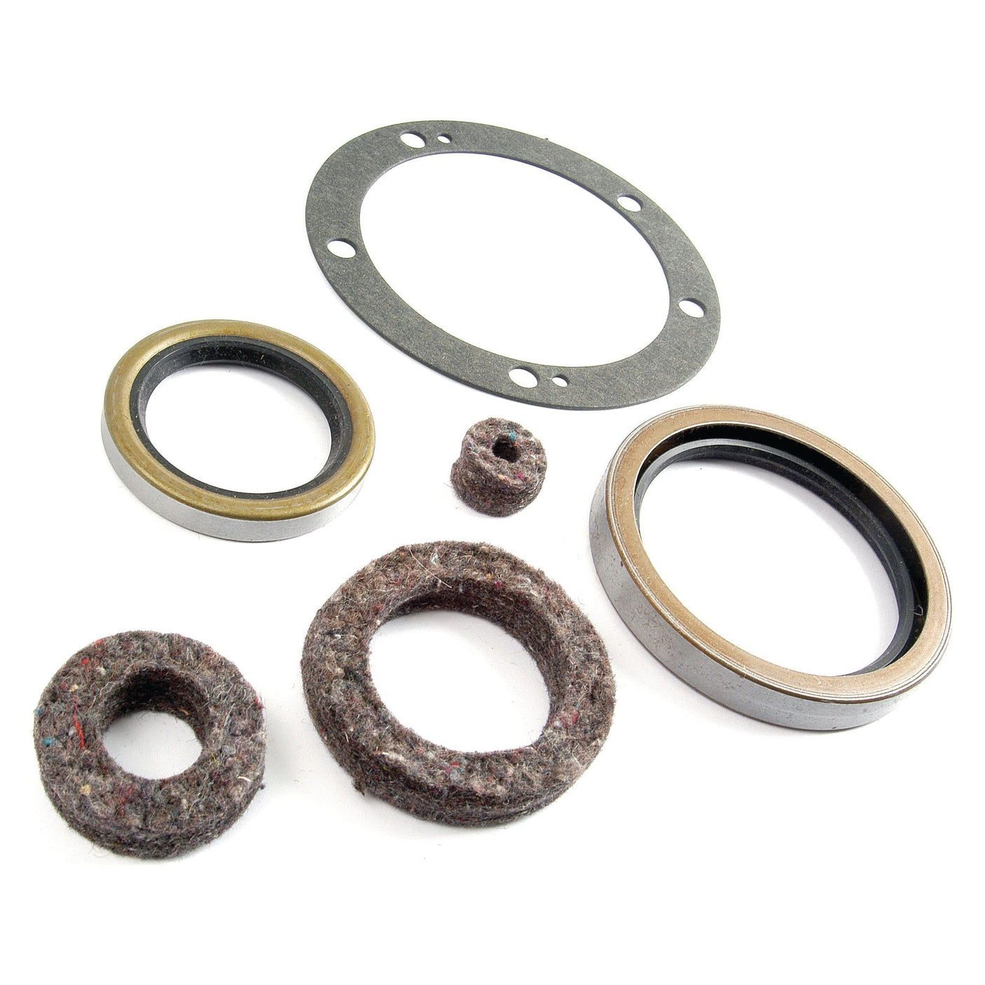 A comprehensive crankshaft seal kit, Sparex Part No. S.61503 from the brand Sparex, featuring variously sized gaskets and seals including felt rings, a metallic ring, and rubber-sealed components on a white background. Ideal for maintaining your Massey Ferguson equipment with this high-quality seal kit.