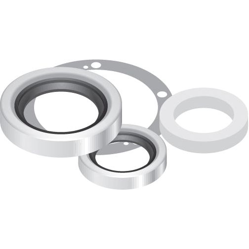 Illustration of various mechanical seals and gaskets, including O-ring and flange styles, featured in the Crankshaft Seal Kit | Sparex Part No. S.61503 for Massey Ferguson machinery from the Sparex brand, shown in white and grey shades.