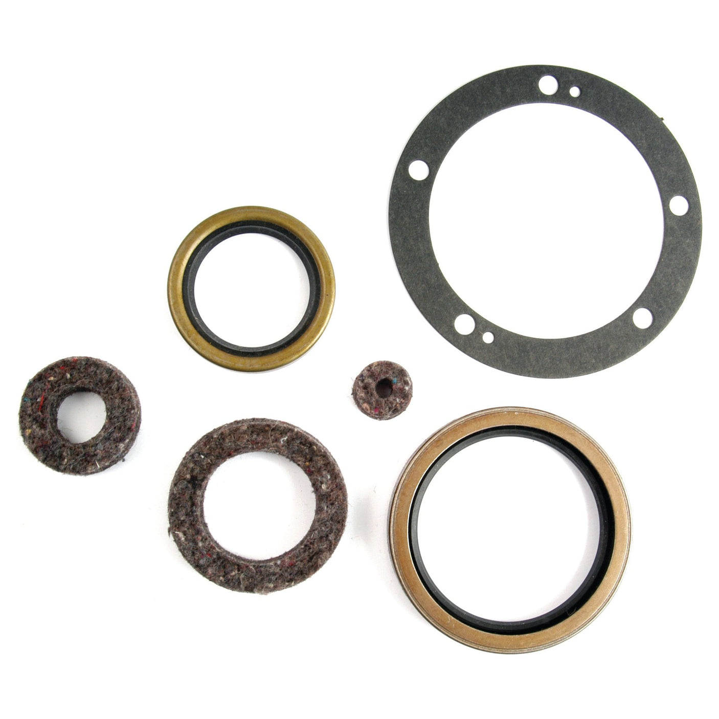 A versatile set of six circular gaskets and seals, including a crankshaft seal, from Sparex's Crankshaft Seal Kit (Sparex Part No. S.61503), arranged on a white background with each piece varying in size and material.