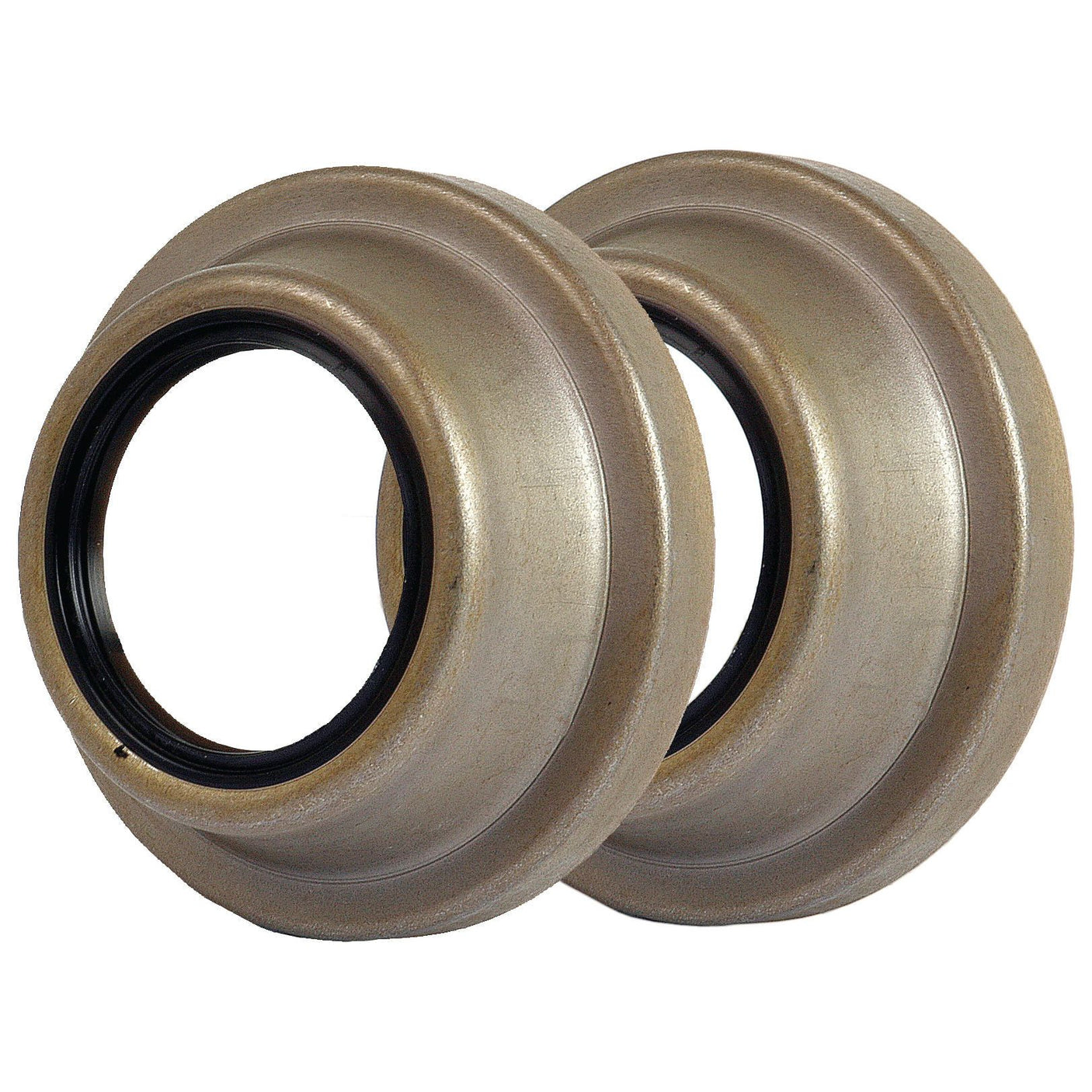 Two Sparex Rear Axle Seals (Sparex Part No. S.61512) with metallic exteriors and rubber inner rings are placed next to each other against a white background.