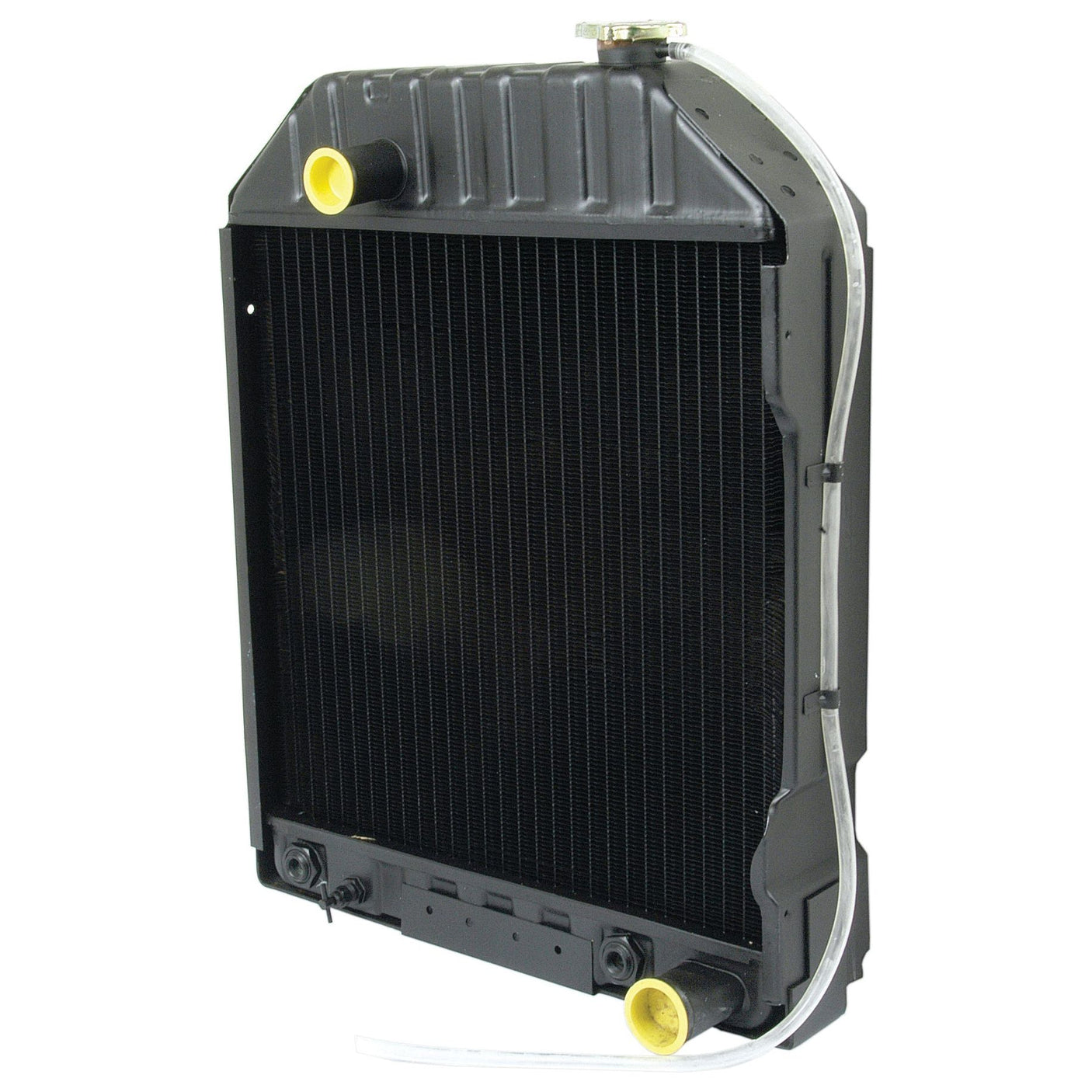 The Radiator - S.61528 by Sparex features a black core with plastic tanks on both ends, distinctive yellow Sparex caps on the top and bottom, and a clear hose attached.