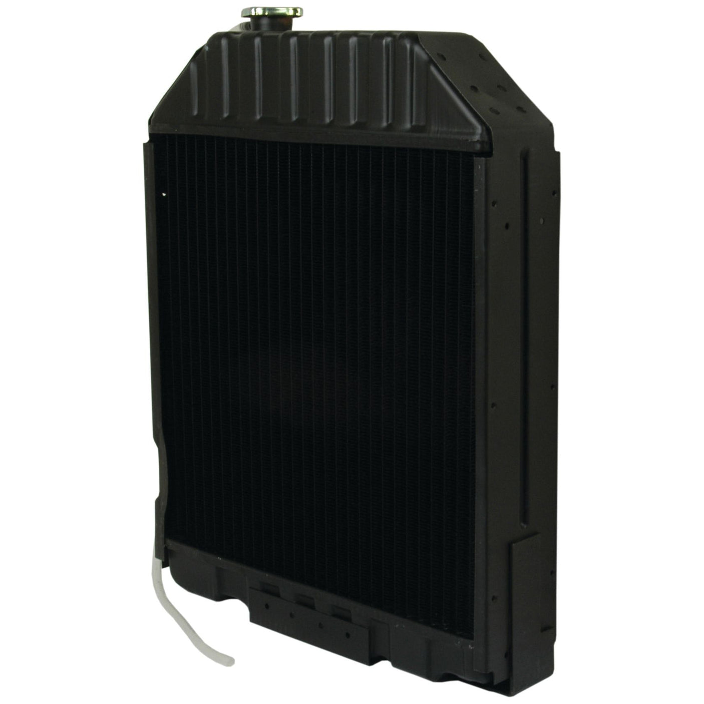 A black, rectangular vehicle radiator with metal fins, featuring a Sparex radiator cap at the top is available under the product name Radiator - S.61528 by brand Sparex.