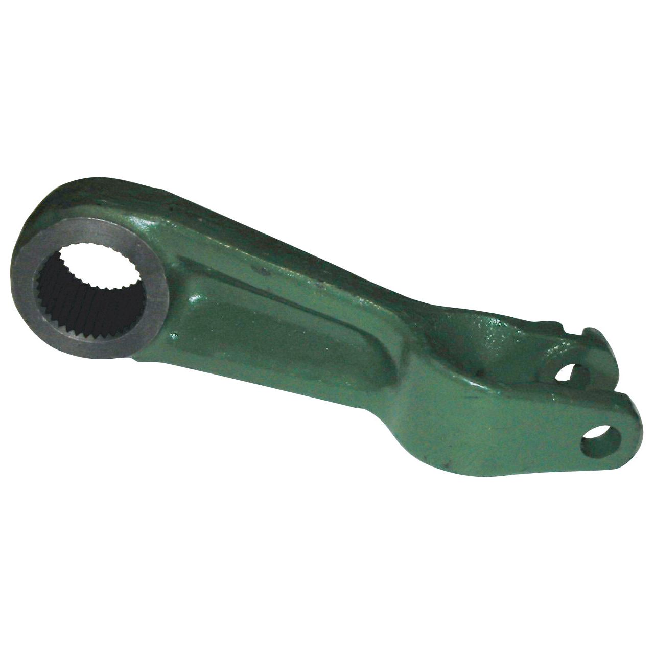 The Sparex Hydraulic Lift Arm (Part No. S.61535) is a green metal mechanical part featuring a hollow cylindrical end and forked opposite end, compatible with John Deere equipment.