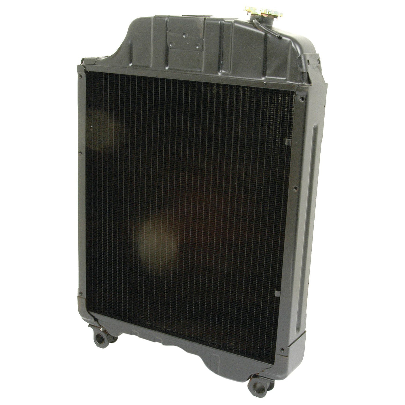 Image of a vertical 4-row radiator, typically used in vehicles for cooling the engine, featuring a black core and metallic frame. This radiator is compatible with Sparex components and comes equipped with a durable Sparex Radiator Cap (S.61540).