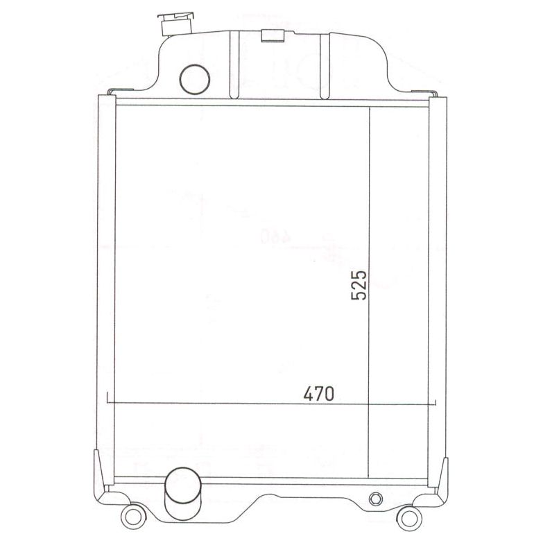 Technical drawing of a vehicle radiator, complete with pipes, inlet, outlet, and a detailed depiction of the Sparex Radiator Cap - S.61540. Dimension markings include 525 mm height and 470 mm width for this 4 row model from Sparex.