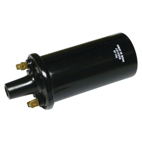 The Sparex Ignition Coil 6V (Part No. S.61548) features a black cylindrical design with an internal resistor, two electrical connectors, and text printed on its side. It is suitable for Ford New Holland and compatible with 6V systems.