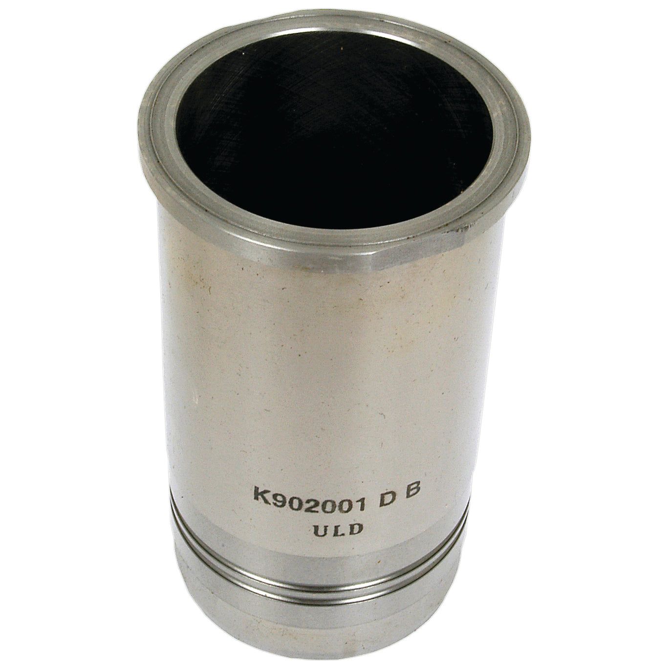 A cylindrical metal component with a smooth surface, marked "K902001 D B ULD" near the bottom, likely a Sparex Piston Liner (Finished) by David Brown, featuring a dark interior. Part No.S.61562