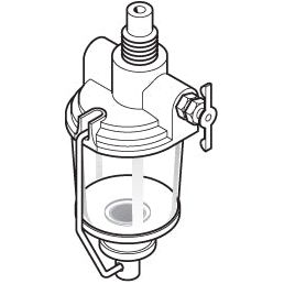 A technical drawing of the Sparex Sediment Bowl Assembly (Part No. S.61581) featuring a transparent chamber, a tightening screw on the side, and an attachment clip at the bottom—reminiscent of the sediment bowl assembly found in classic Massey Ferguson tractors.