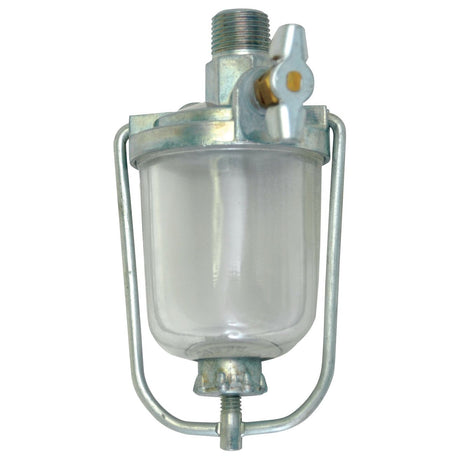 The Sediment Bowl Assembly (Sparex Part No. S.61581), available from Sparex, is a metallic fuel filter with a transparent sediment bowl assembly. It features a top-mounted valve and threaded connection, making it compatible with Allis Chalmers and Massey Ferguson equipment.