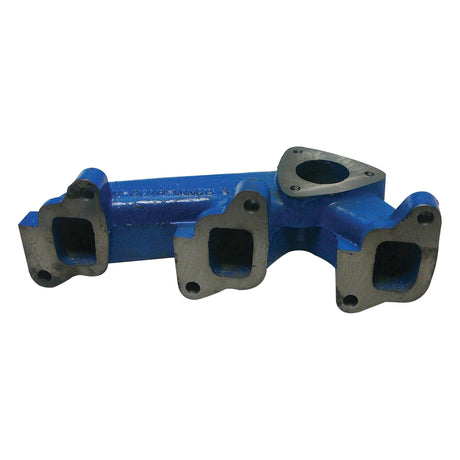 A blue, metal Sparex Exhaust Manifold (3 Cyl.) | Sparex Part No.S.61612 designed for Ford New Holland engines, featuring four port openings on one side and a single opening on the opposite end.