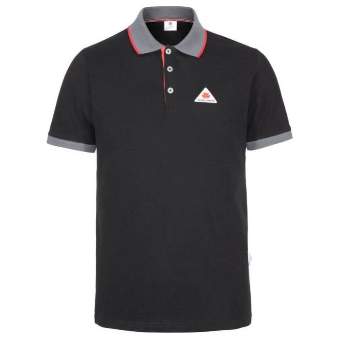 Introducing the Massey Ferguson Men's Polo (X993322162) by AGCO—a stylish addition to your wardrobe. Crafted from 100% cotton, this polo features gray cuffs and collar, complemented by red highlights on the collar and button placket for a vibrant touch. The chest is adorned with the MF original logo, showcasing a triangle with a red maple leaf.