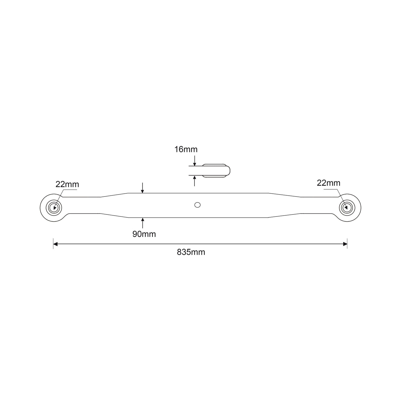 Diagram of a 835mm long Sparex Lower Link Lift Arm (Sparex Part No.S.61696) with 22mm wide ends and a 16mm diameter central section. The distance between the ends is noted as 90mm.