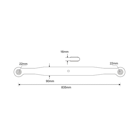 Diagram of a 835mm long Sparex Lower Link Lift Arm (Sparex Part No.S.61696) with 22mm wide ends and a 16mm diameter central section. The distance between the ends is noted as 90mm.