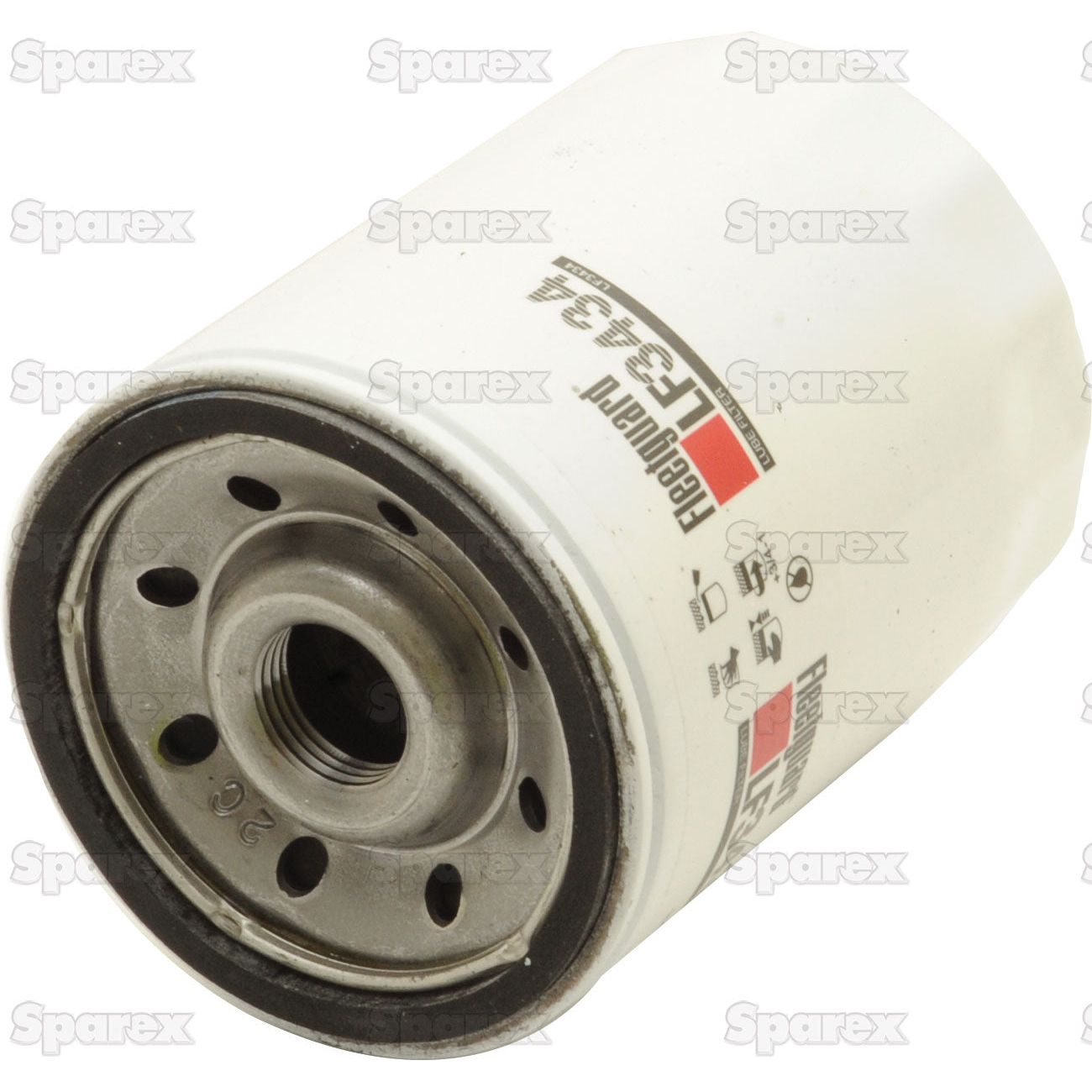 A cylindrical oil filter with a metal top and white body, labeled "Sparex LF3434." The background features a repeated "Sparex" watermark. This model ensures optimal performance and fits engines with a thread size of 3/4 - 16 UNF-2B.