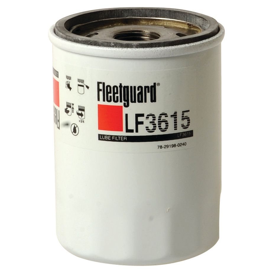 Image of a Sparex oil filter, model LF3615 (Sparex Part No.S.61804), featuring a white cylindrical body with labeling, red accents, and metal top. Ideal for Ford / New Holland engines.