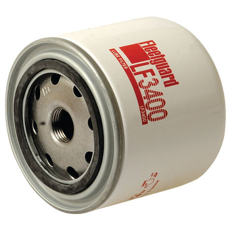 A close-up image of a Sparex Oil Filter - Spin On - LF3400 (Sparex Part No. S.61805), featuring a white cylindrical body with red text and a central threaded hole, designed specifically for a Case IH tractor.