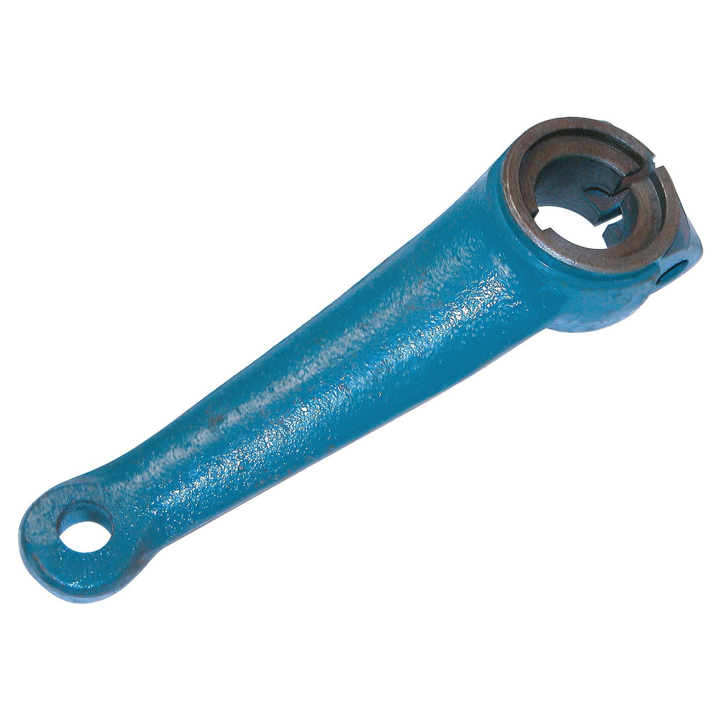 The Sparex Steering Arm (2WD) RH & LH, part number S.61832, is a blue metal mechanical lever with a circular hole at one end and a clamping mechanism at the other, making it ideal for use as a steering arm in Ford New Holland tractors.