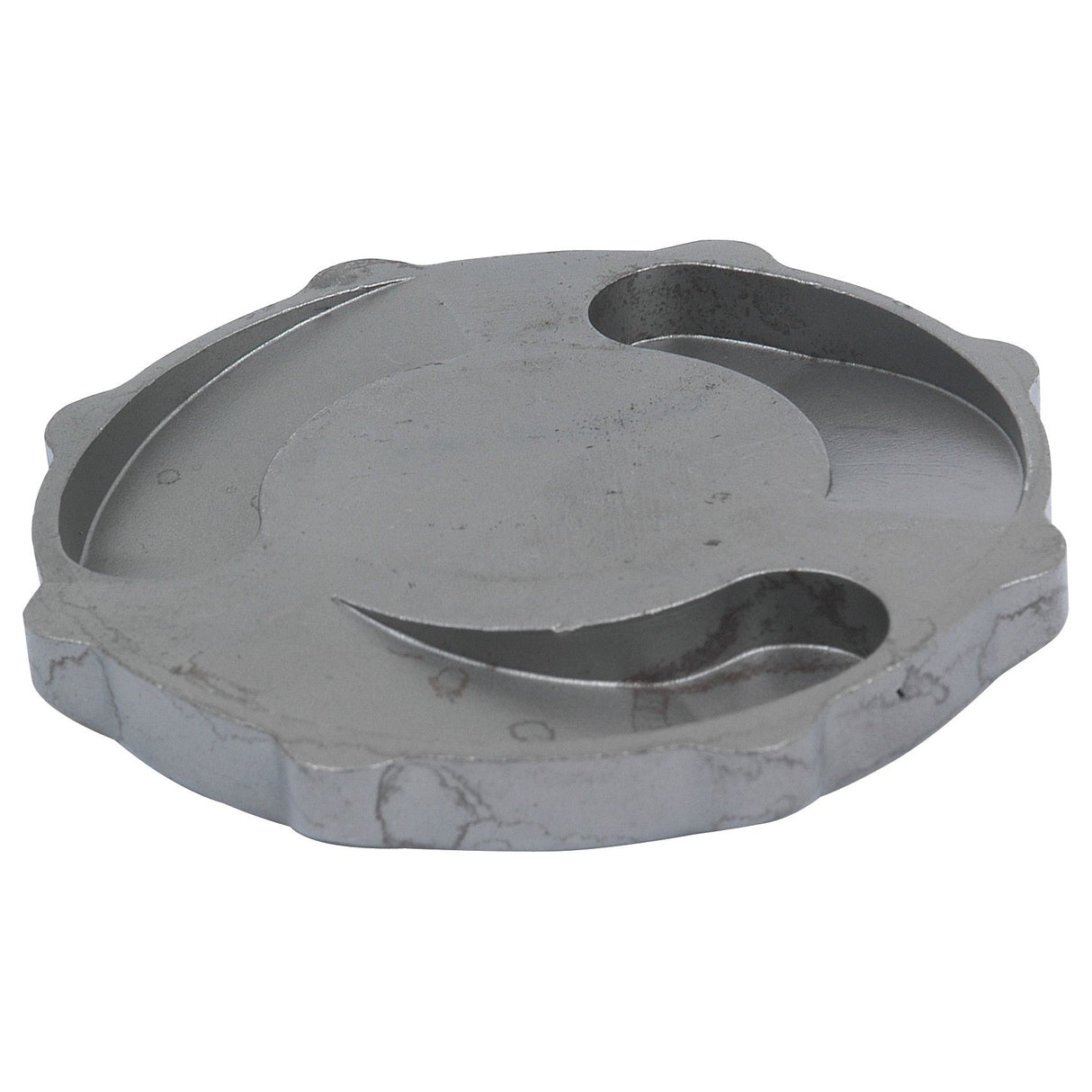 A round, flat, grey metallic object with curved indentations and protrusions, resembling an abstract design, akin to the PTO Freewheel Flange (RH) by Sparex, Sparex Part No. S.6184 used in high-tech engineering.