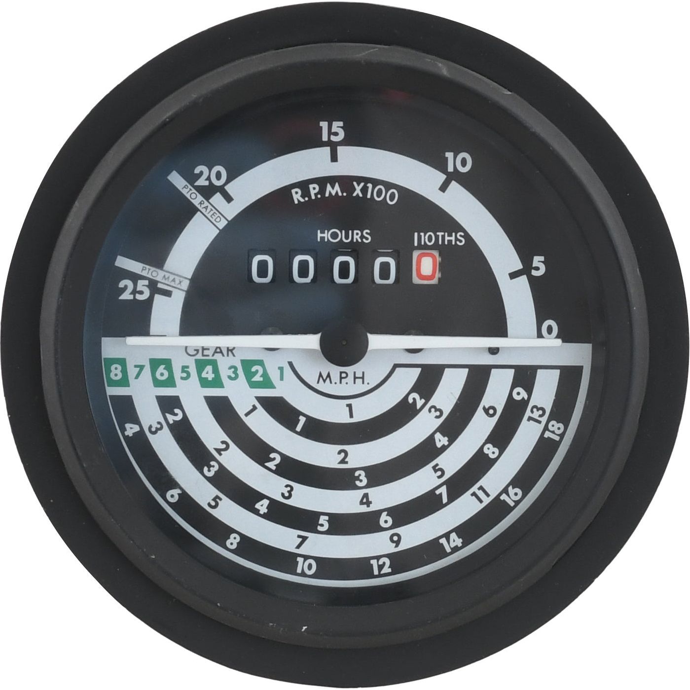 A round tachometer (MPH) by Sparex, Part No. S.61857, displaying R.P.M. and M.P.H. readings with an hour meter counter at the center showing 00000. The Ø115mm gauge also includes gear ranges and numerical markers from 1 to 25.