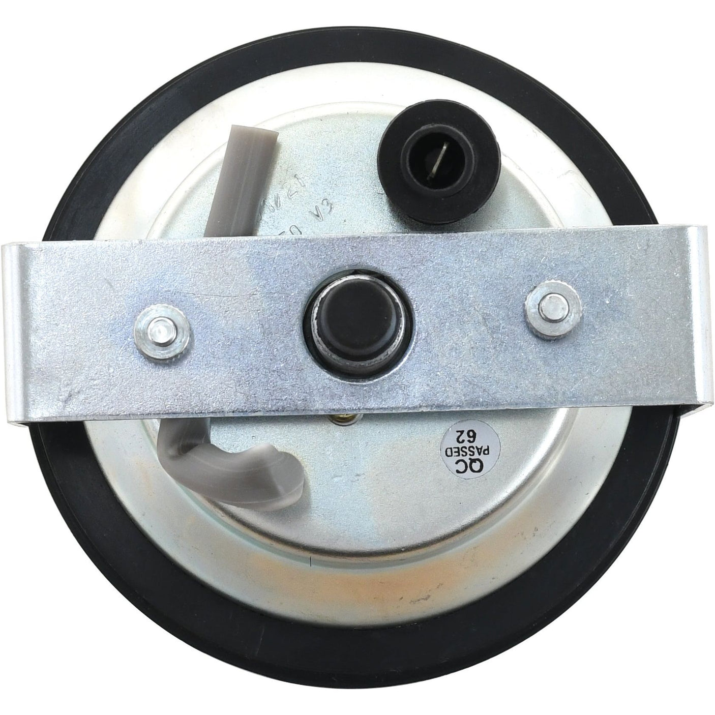 Top view of a round Ø115mm silver and black tachometer (MPH) with a metal bracket and several plastic and rubber parts. The metal bracket has two screws, and a label reading "QC PASSED 62" is visible. This Sparex part (Part No.S.61857) is compatible with John Deere machinery.