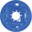 A blue metallic circular panel with multiple holes of varying sizes and shapes arranged around the central area, reminiscent of the Sparex Brake Drum Backing Plate (Sparex Part No. S.61859).