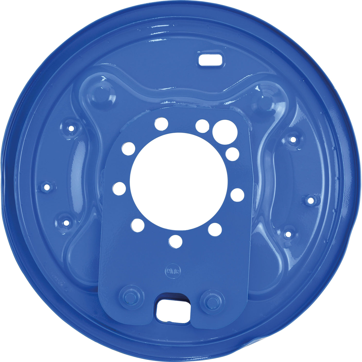 A blue metal Sparex Brake Drum Backing Plate (Sparex Part No. S.61859) for Ford New Holland, featuring multiple circular holes and a large central opening.