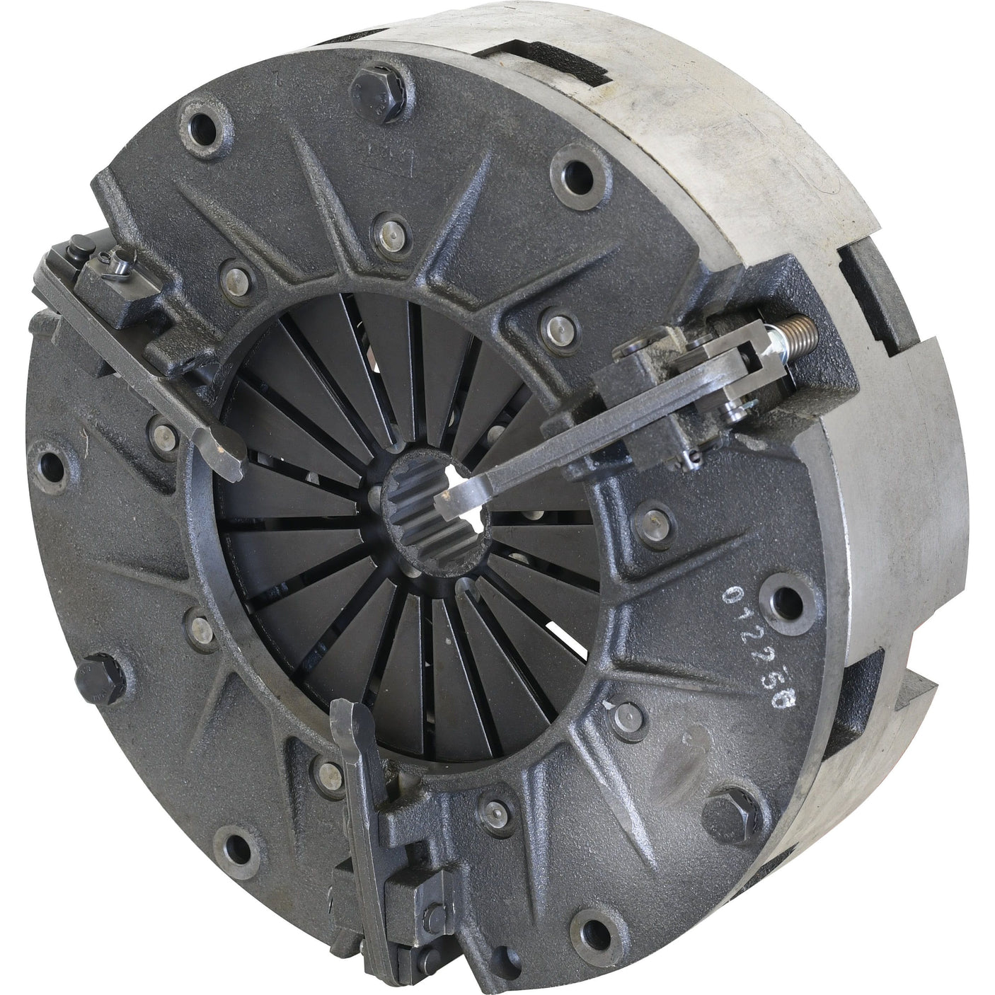 A round metallic clutch cover assembly, known as the Clutch Cover Assembly - S.61932 from Sparex, features visible release levers and a central diaphragm spring, accompanied by a 280mm Sparex Captive Disc. The surface includes several bolts and openings.