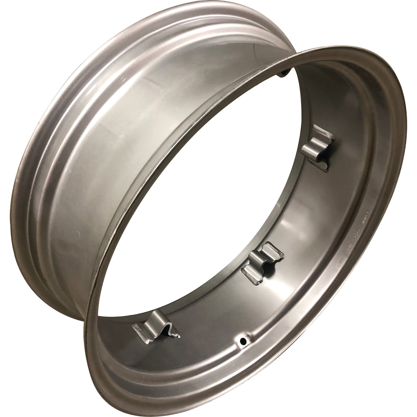 A Wheel Rim, 10 x 28'' - S.61966 by Sparex is shown against a white background, featuring a smooth silver metal finish and four clips on the inner edge, perfectly complementing any tyre size.