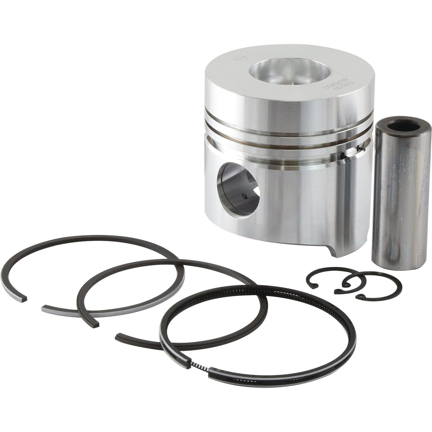 A silver piston with an associated pin, piston rings, and clips arranged on a white background evokes the precision of Sparex engineering in their Piston & Ring Set | Sparex Part No. S.62021.