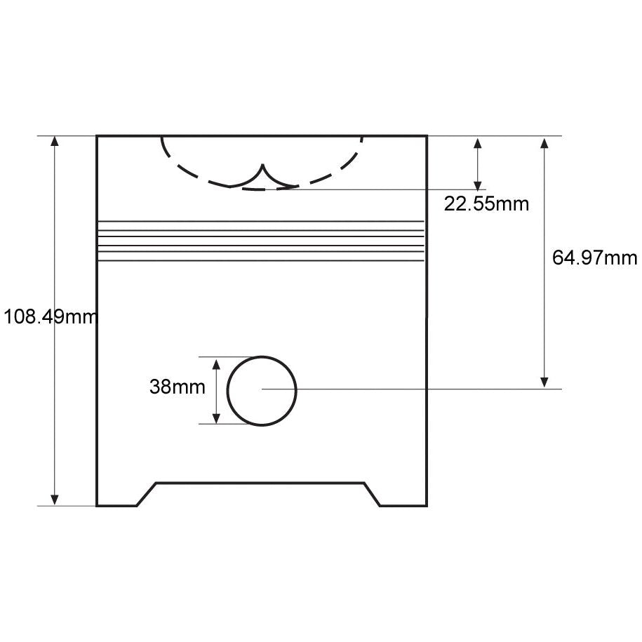 A technical drawing of the Sparex Piston & Ring Set (Sparex Part No. S.62022) shows labeled vertical dimensions of 108.49mm, 64.97mm, and 22.55mm, featuring a compression height measurement and a horizontal bore diameter of 38mm.