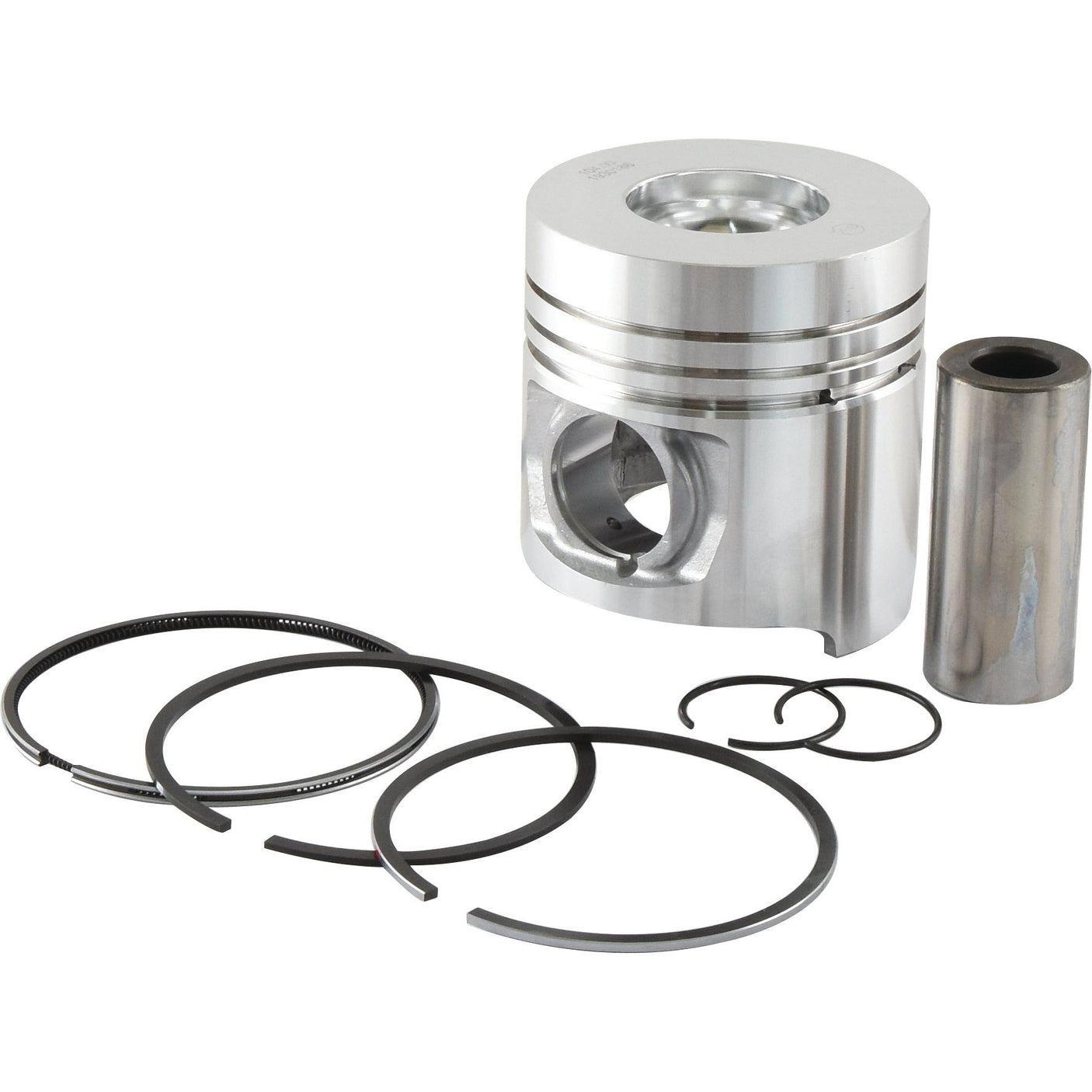 A shiny metal piston, included in the Piston & Ring Set (Sparex Part No. S.62023) from Sparex, featuring accompanying piston rings and a wrist pin, arranged on a white background.