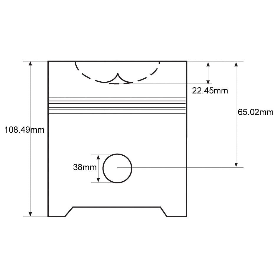 Technical drawing of a mechanical part with dimensions labeled: 22.45mm, 65.02mm, 108.49mm, and 38mm, featuring intricate details perfect for constructing the Piston & Ring Set (Sparex Part No.S.62023) by Sparex.