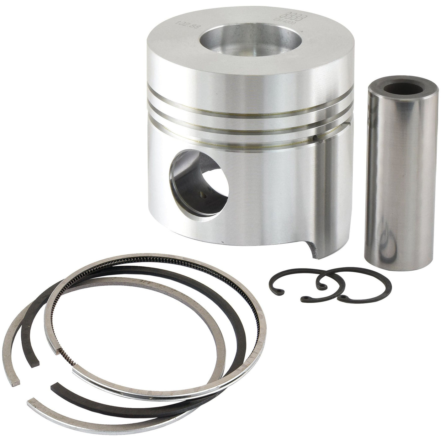 Image of a Sparex Piston & Ring Set (Product No. S.62024), featuring a metallic piston with Pin Ø 34mm, piston rings, and two circlips. The pristine components are clean and arranged neatly.