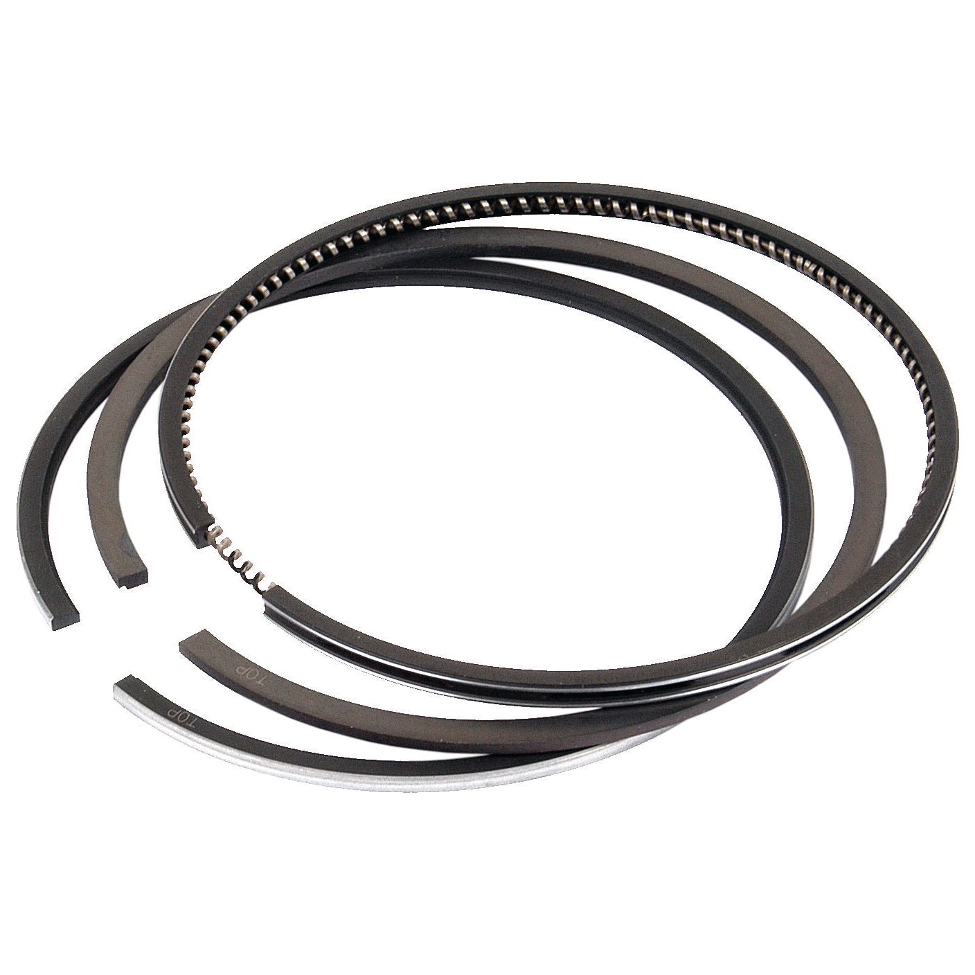 A set of Sparex Piston Rings (Sparex Part No. S.62028) featuring chrome-plated, different-sized metal rings, including a top ring, arranged in a circular layout.