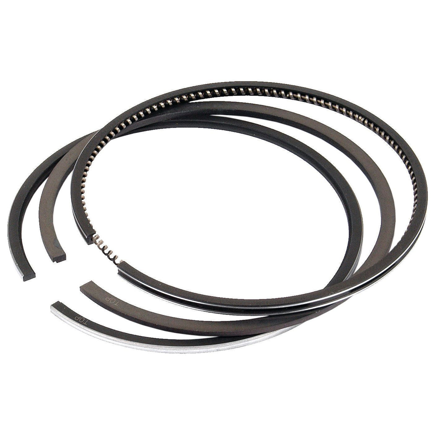 A set of Sparex Piston Rings (Sparex Part No. S.62028) featuring chrome-plated, different-sized metal rings, including a top ring, arranged in a circular layout.