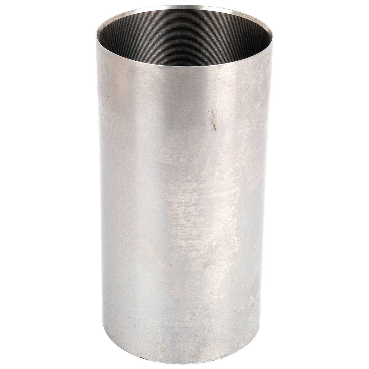 A cylindrical metal pipe with a smooth surface, open at both ends, standing vertically against a white background. This 100mm Bore Piston Liner (Semi Finished), Sparex Part No. S.62034, is suitable for Case IH / International Harvester applications.