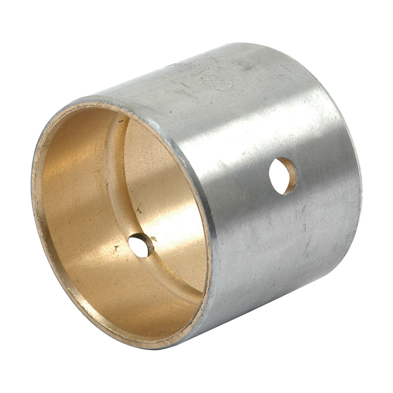 The Sparex Small End Bush - ID: 37.4mm (Part No. S.62038) is a cylindrical metal sleeve with two small holes, one on each side, designed for Case IH applications. Its interior showcases a different material or coating, creating an appealing two-tone appearance. This component is ideal for engine model uses or as part of the Sparex product range.